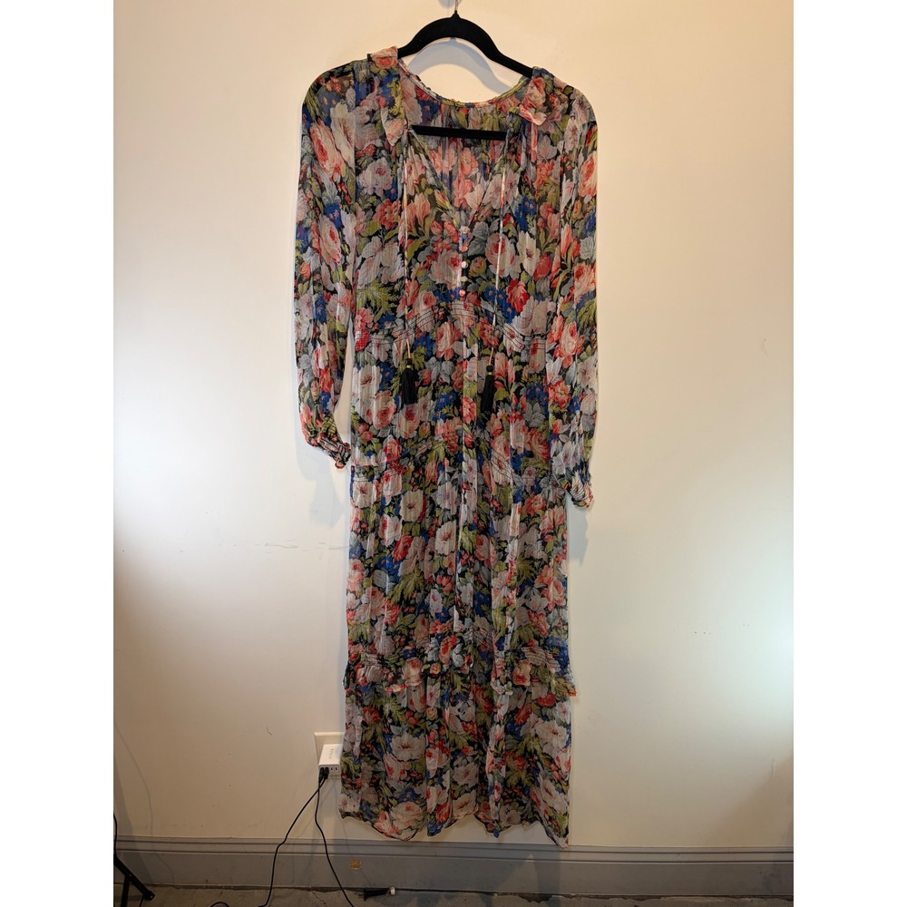 Anthropologie Floral Maxi Dress XS Sheer Long Sleeve Tiered Boho Tassel Red Blue